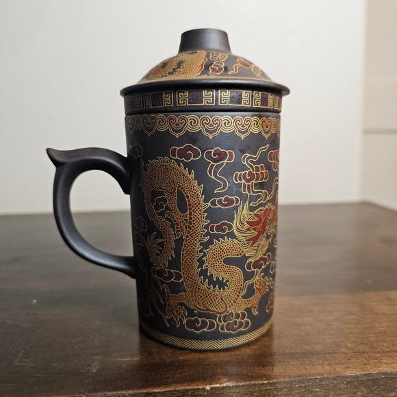 Yixing Dragon Painted Purple Clay Tea Mug W/ Lid Infuser Vintage Ceramic Tea Cup - Picture 1 of 6